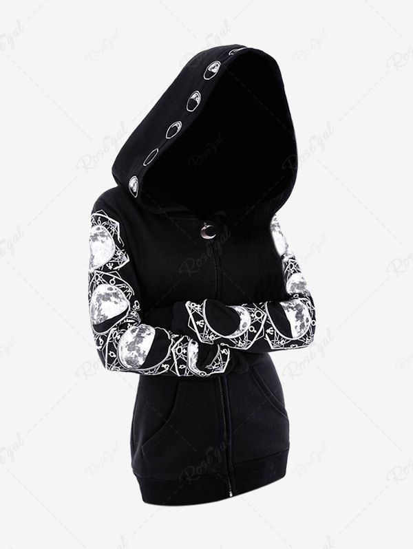 Gothic Moon Print Pocket Zip Up Hoodie