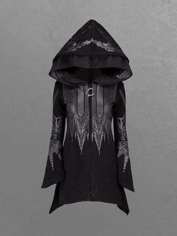 Gothic Cross Floral Print Zip Up Asymmetrical Hooded Coat