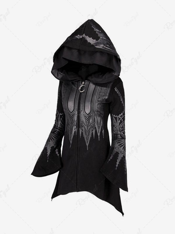 Gothic Cross Floral Print Zip Up Asymmetrical Hooded Coat