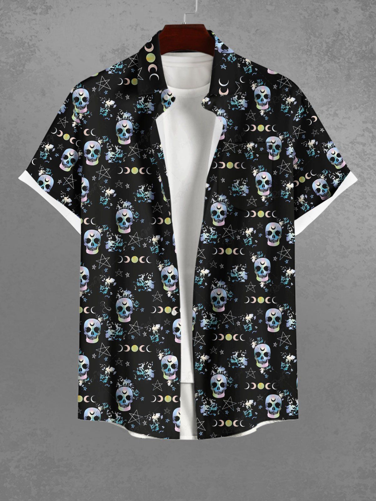 Gothic Plus Size Skulls Moon Sun Star Galaxy Print Buttons Pocket Shirt For Men