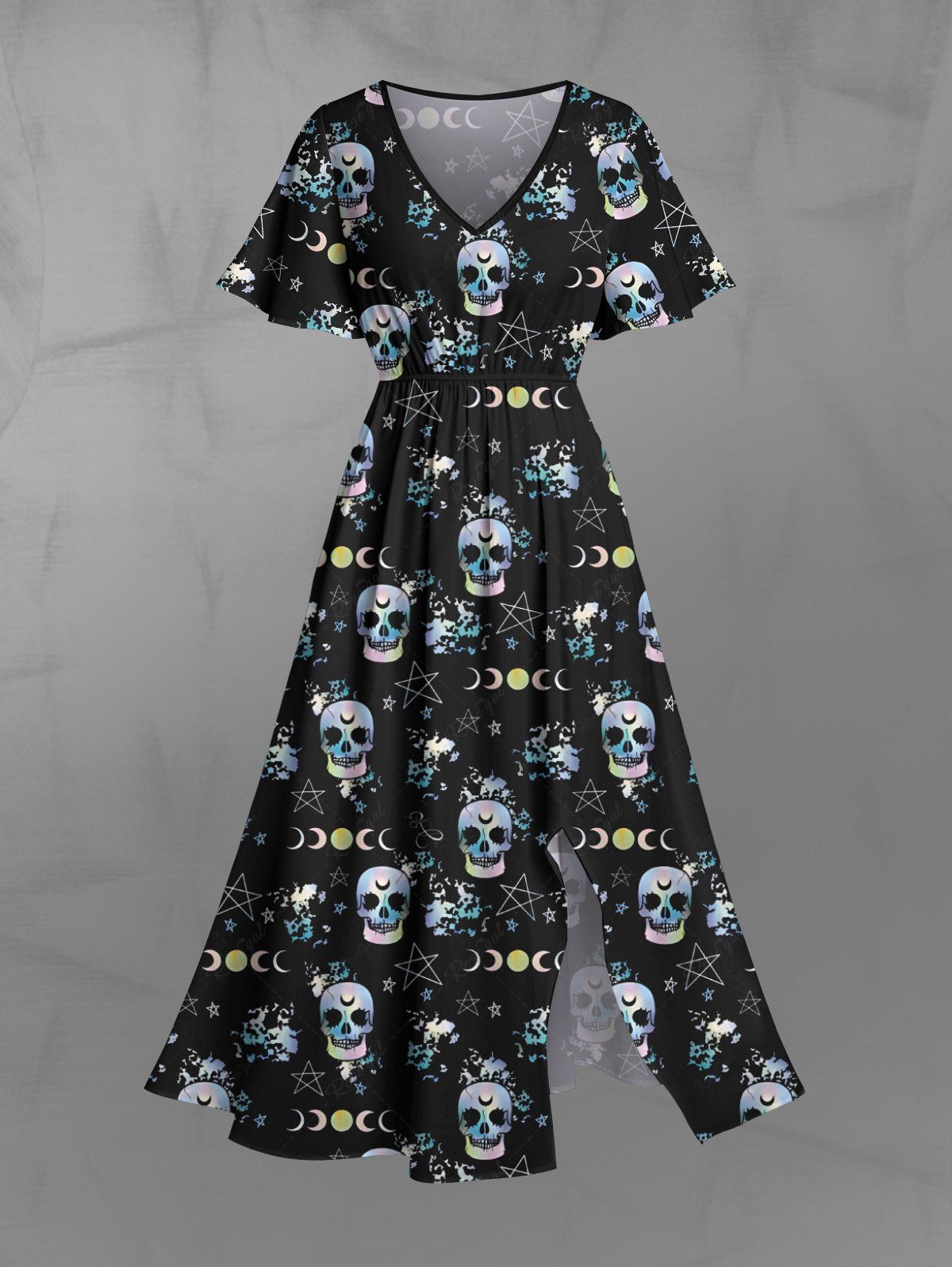 Gothic Plus Size Skulls Moon Sun Star Galaxy Print Split Midi Dress