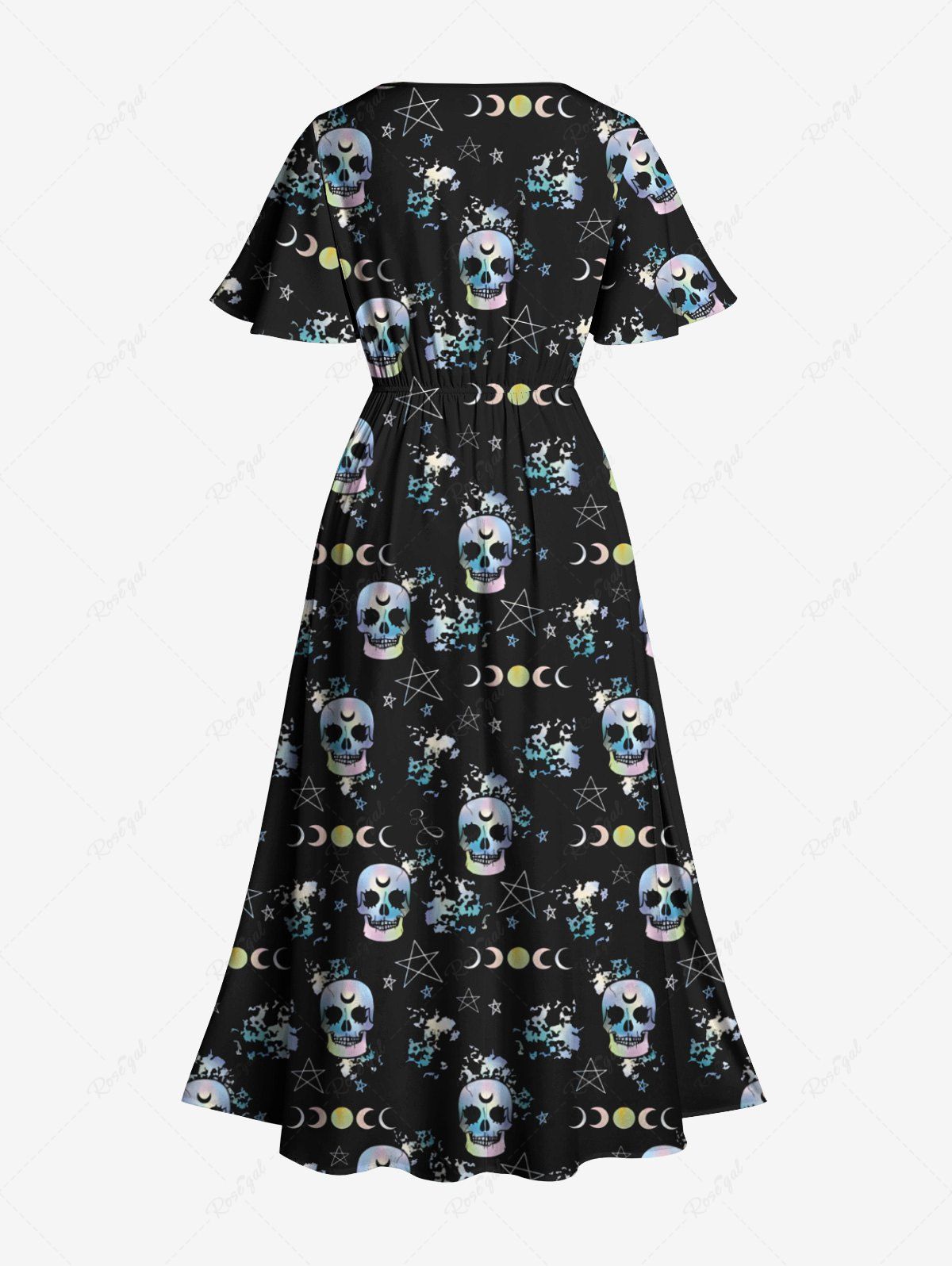 Gothic Plus Size Skulls Moon Sun Star Galaxy Print Split Midi Dress