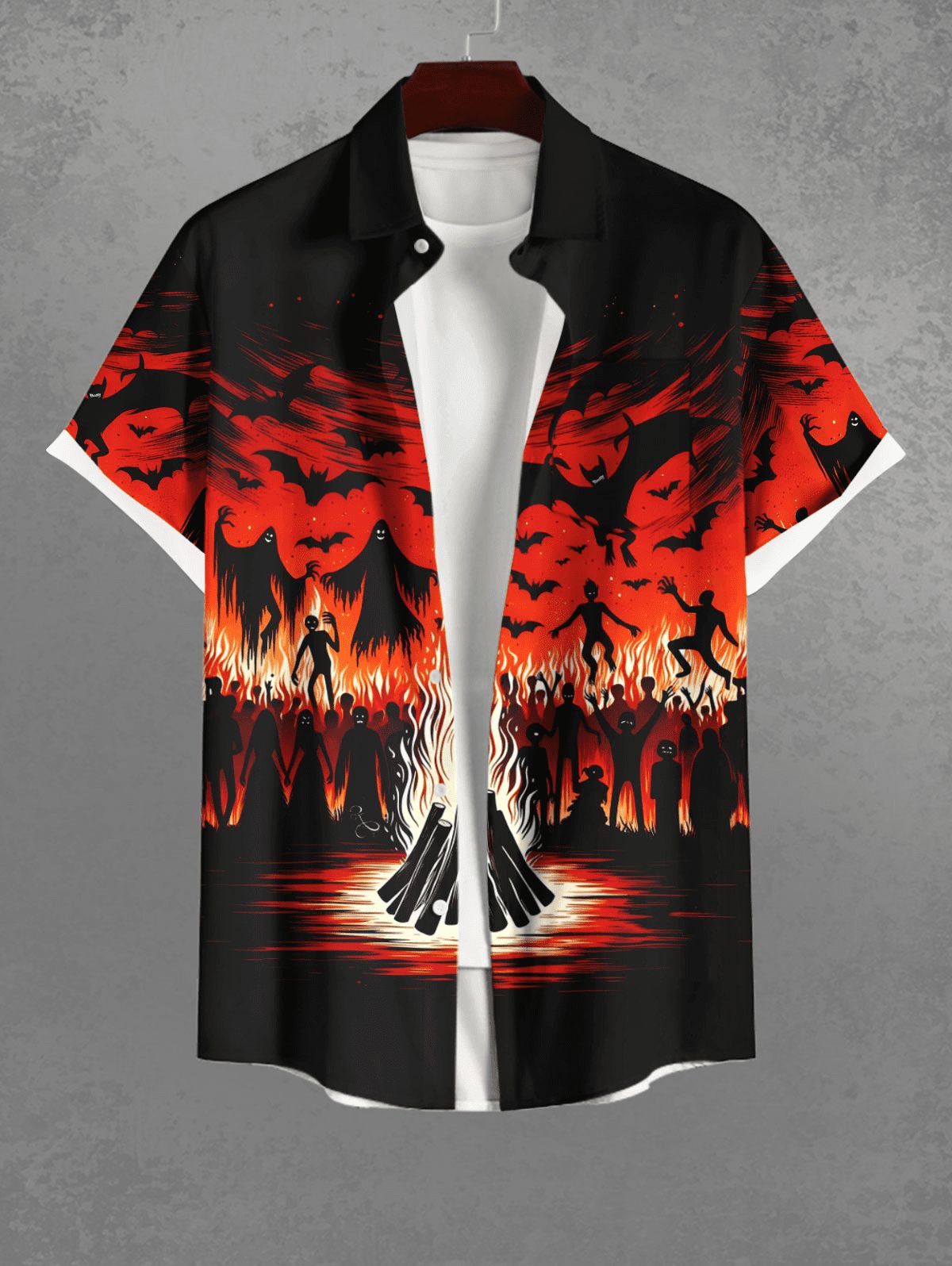 Gothic Plus Size Bat Wizard Ghost Fire Flame Print Halloween Button Pocket Shirt For Men