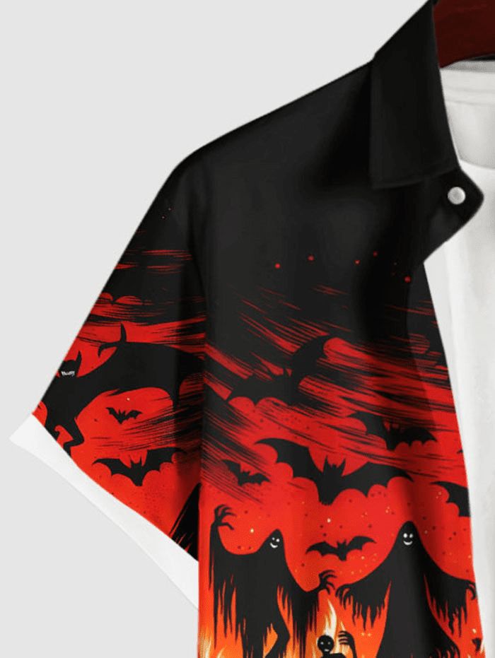 Gothic Plus Size Bat Wizard Ghost Fire Flame Print Halloween Button Pocket Shirt For Men