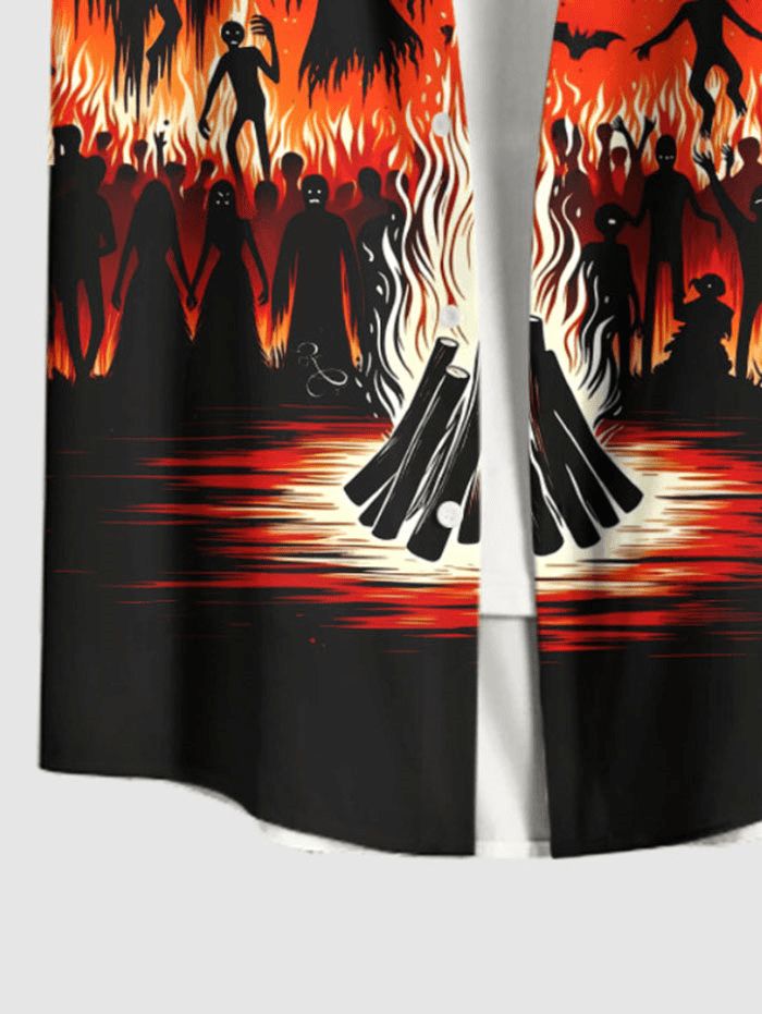 Gothic Plus Size Bat Wizard Ghost Fire Flame Print Halloween Button Pocket Shirt For Men