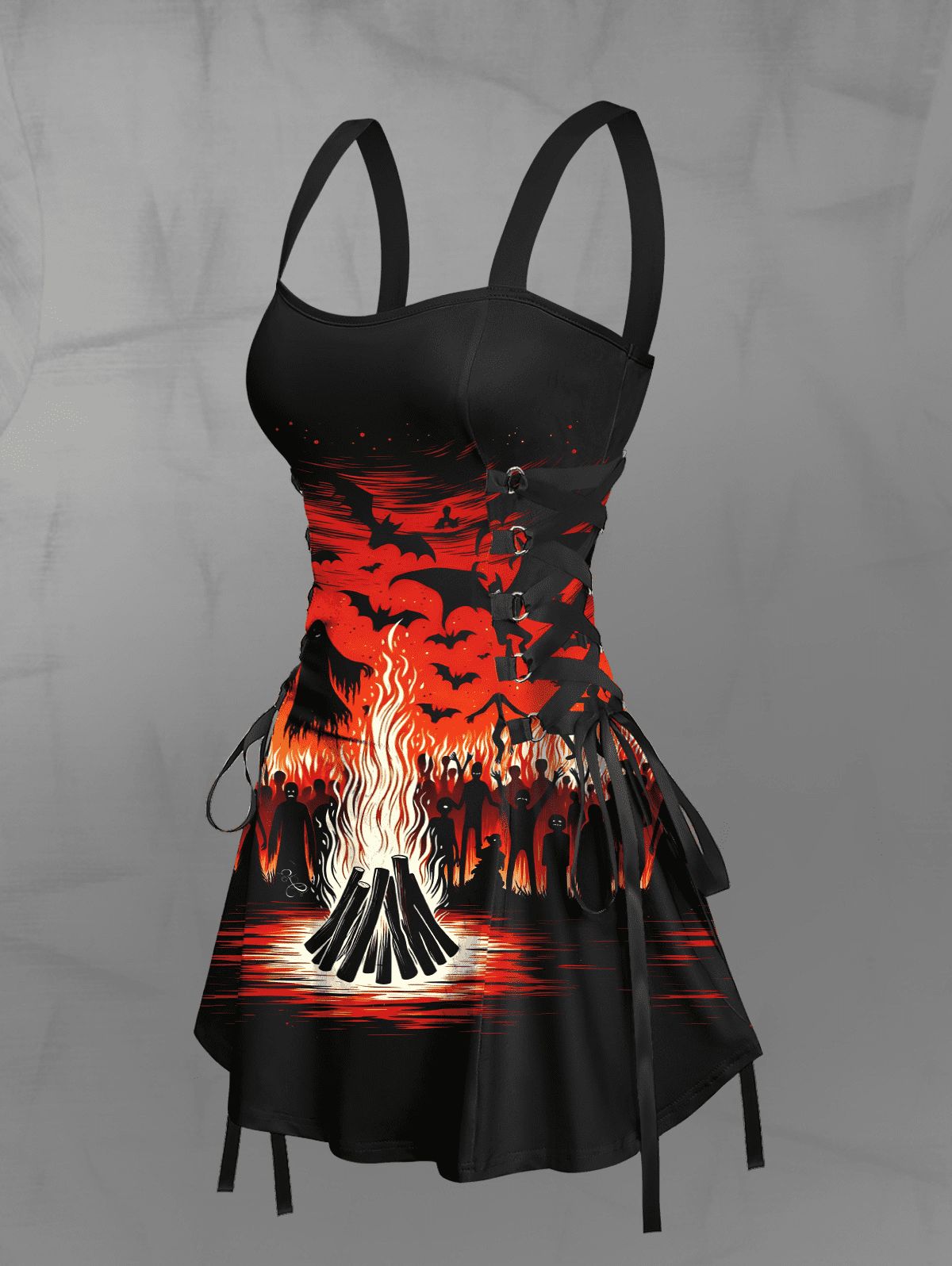 Gothic Bat Wizard Ghost Fire Flame Print Halloween Costume Lace Up A Line Tank Dress