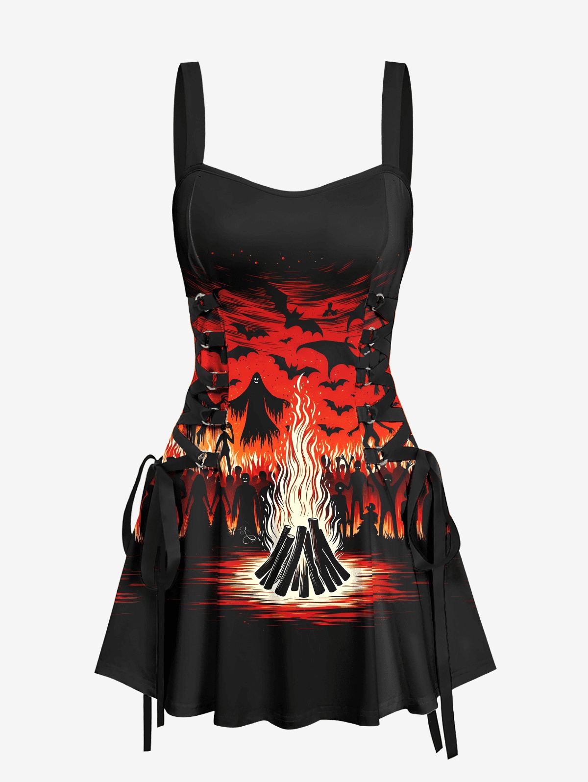 Gothic Bat Wizard Ghost Fire Flame Print Halloween Costume Lace Up A Line Tank Dress