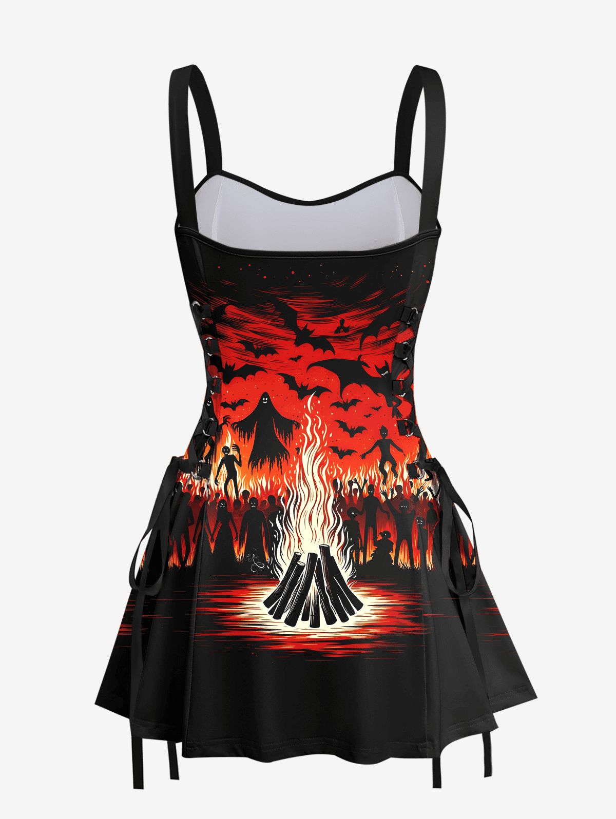 Gothic Bat Wizard Ghost Fire Flame Print Halloween Costume Lace Up A Line Tank Dress