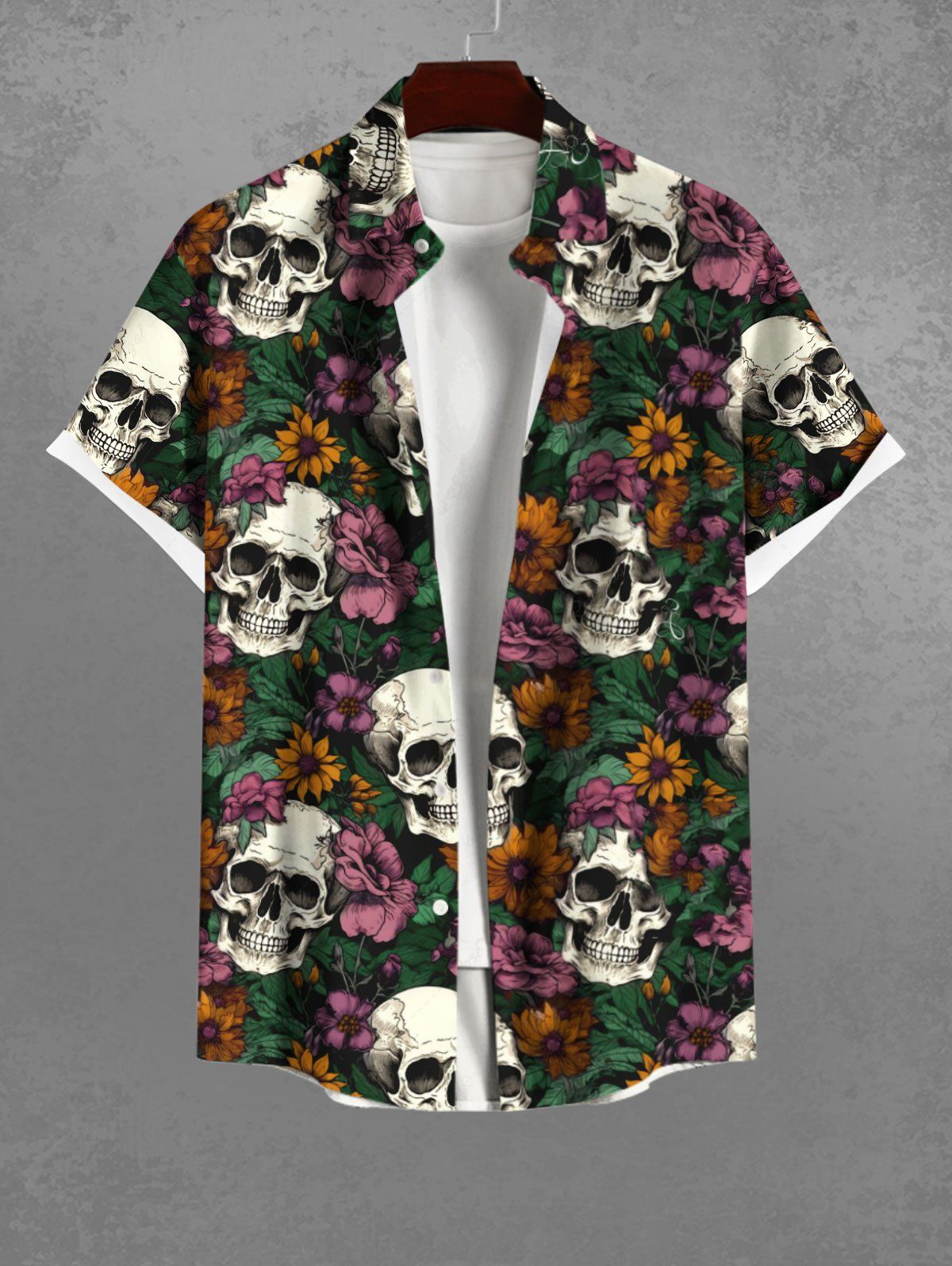 Gothic Plus Size 3D Skulls Colorful Floral Print Halloween Button Pocket Shirt For Men