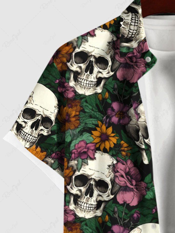 Gothic Plus Size 3D Skulls Colorful Floral Print Halloween Button Pocket Shirt For Men