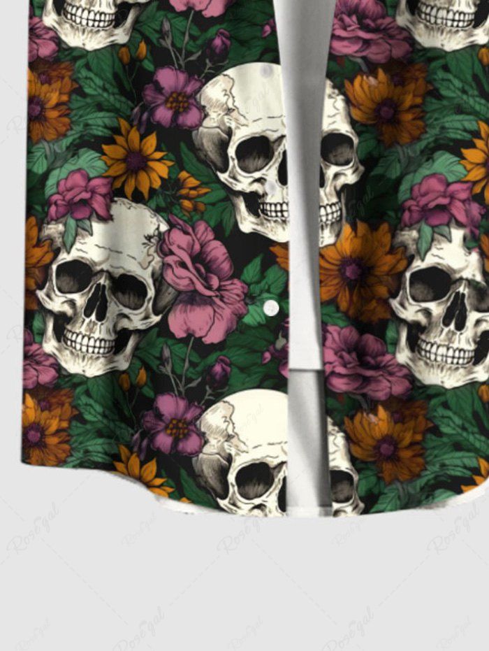 Gothic Plus Size 3D Skulls Colorful Floral Print Halloween Button Pocket Shirt For Men