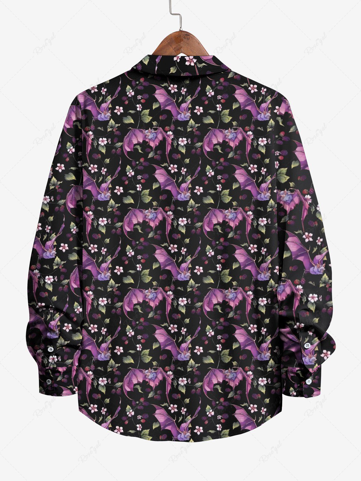 Gothic Plus Size Bat Floral Leaf Print Halloween Button Long Sleeves Shirt For Men