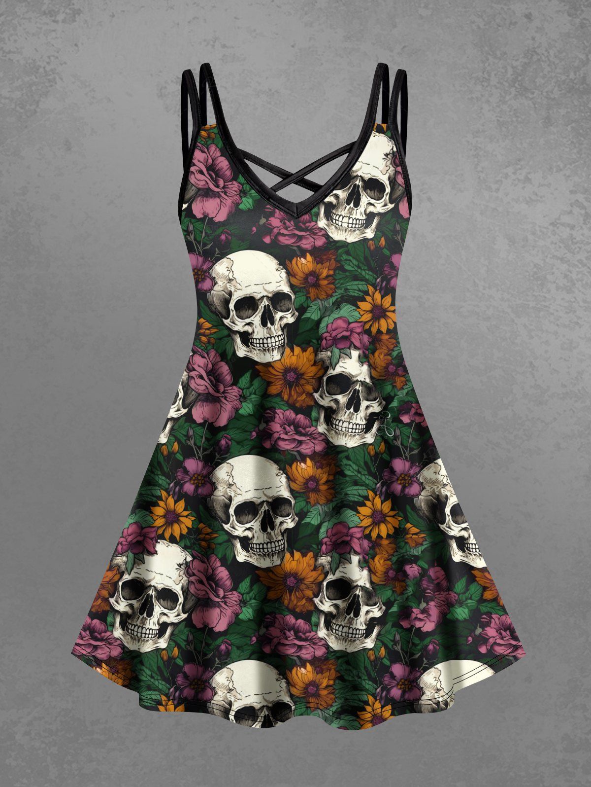 Gothic Plus Size 3D Skulls Colorful Floral Print Halloween Costume Crisscross A Line Cami Dress