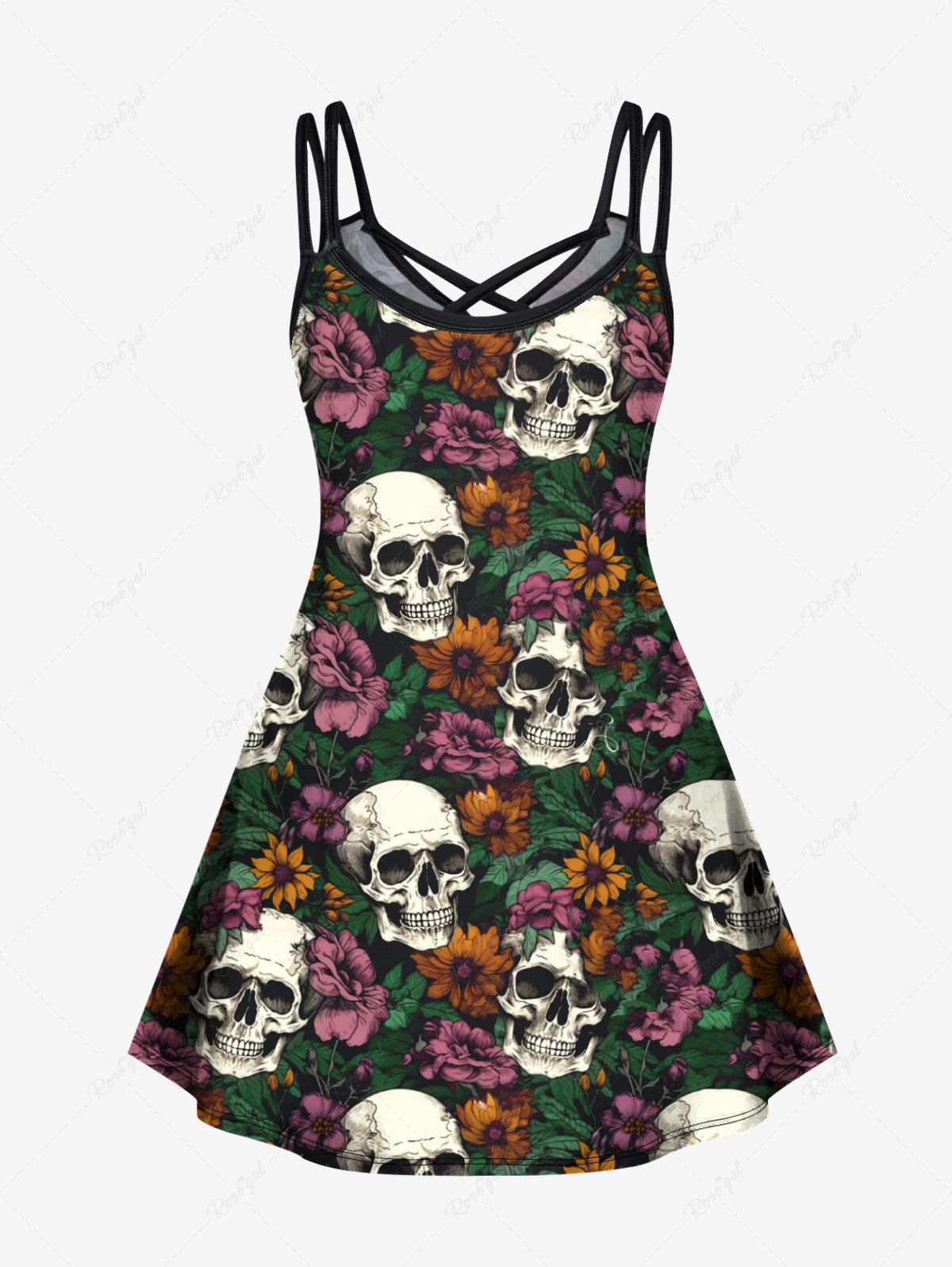 Gothic Plus Size 3D Skulls Colorful Floral Print Halloween Costume Crisscross A Line Cami Dress