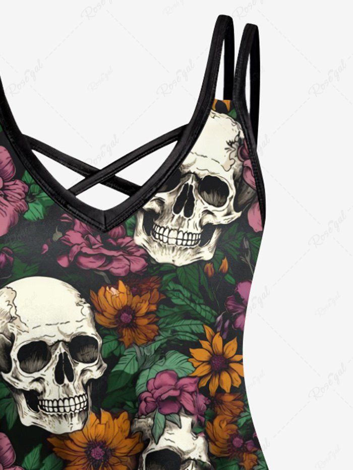 Gothic Plus Size 3D Skulls Colorful Floral Print Halloween Costume Crisscross A Line Cami Dress