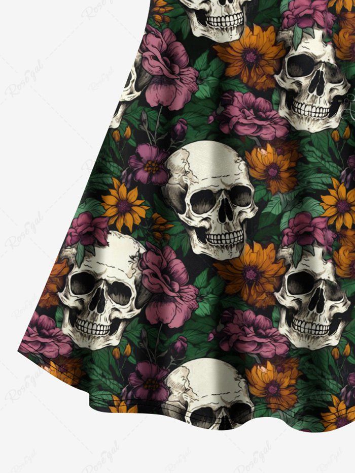 Gothic Plus Size 3D Skulls Colorful Floral Print Halloween Costume Crisscross A Line Cami Dress