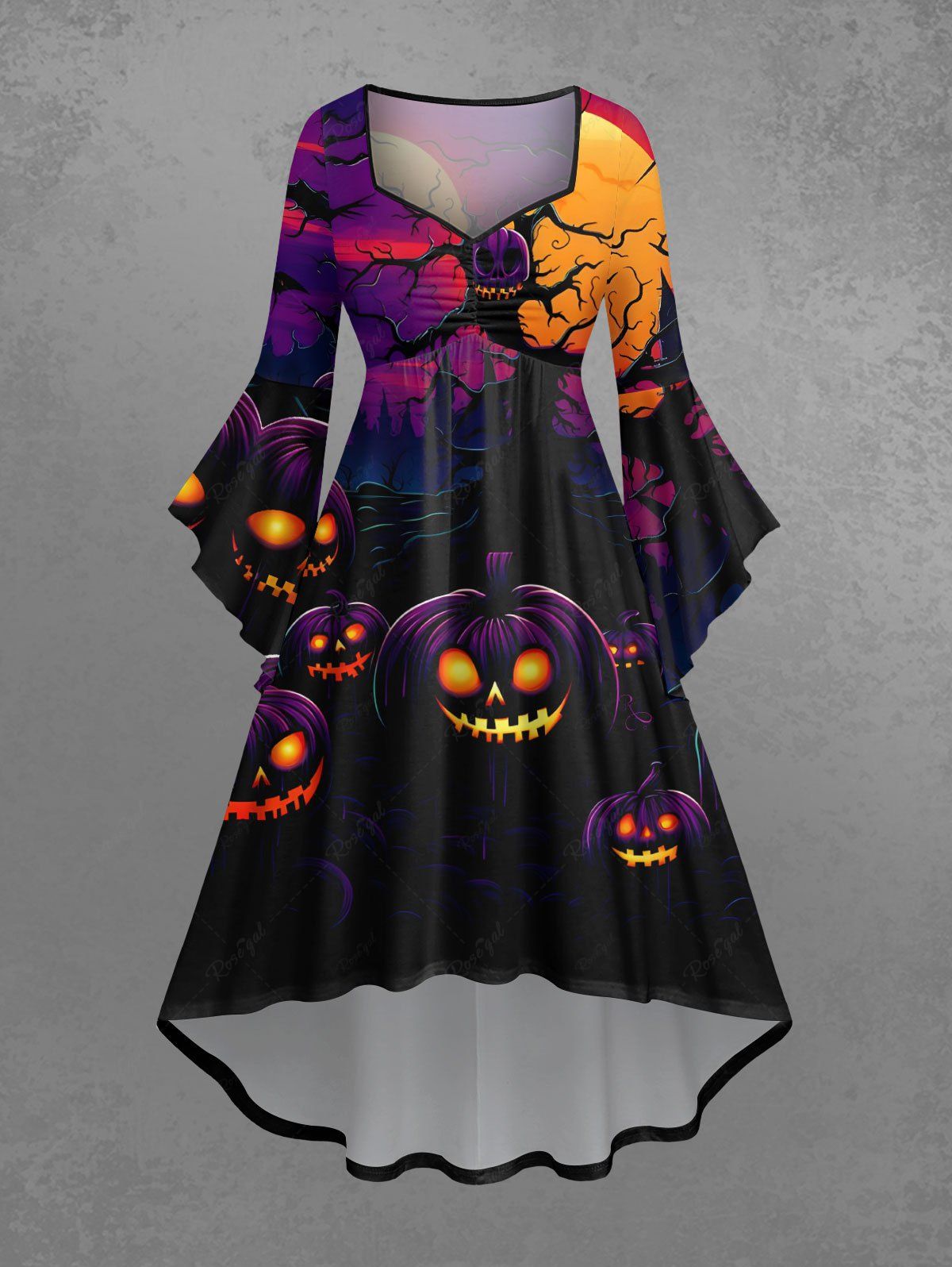 Gothic Plus Size Pumpkin Lantern Skull Moon Tree Branch Print Halloween Costume Ombre Ruched High Low Asymmetric Dress