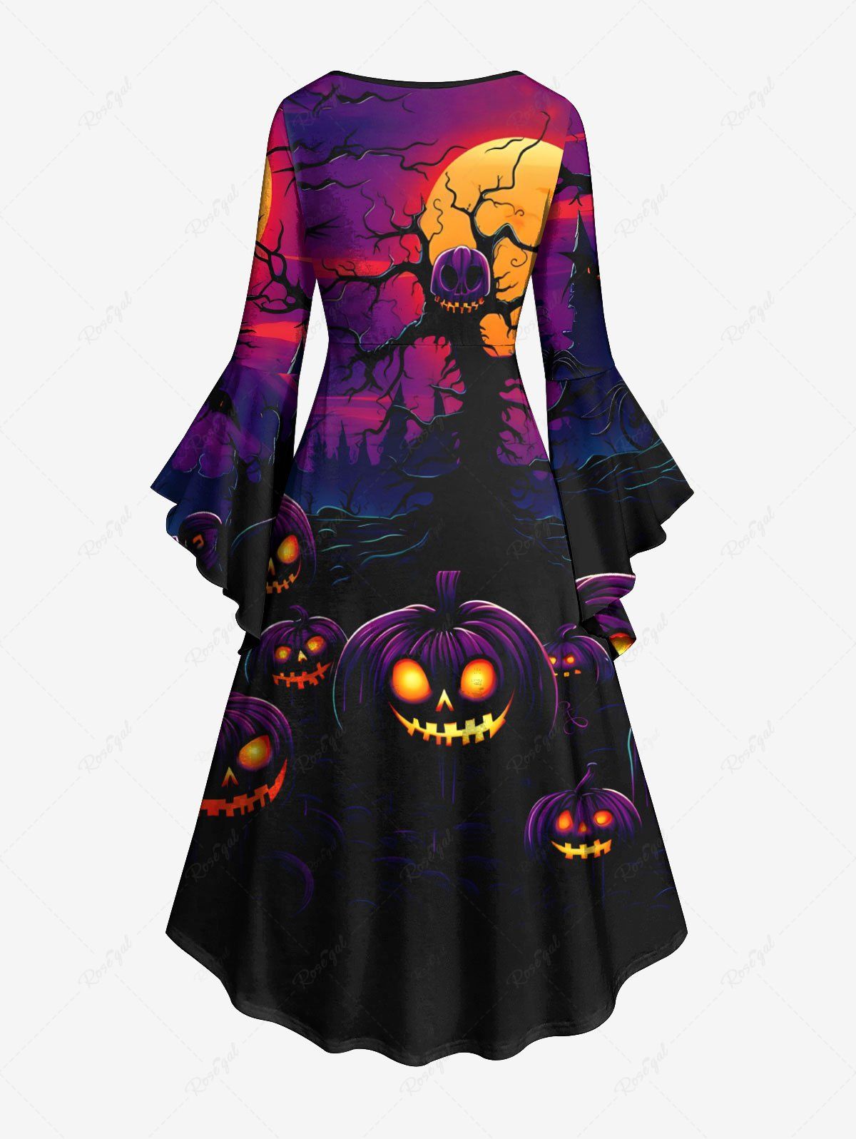 Gothic Plus Size Pumpkin Lantern Skull Moon Tree Branch Print Halloween Costume Ombre Ruched High Low Asymmetric Dress