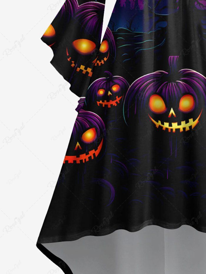 Gothic Plus Size Pumpkin Lantern Skull Moon Tree Branch Print Halloween Costume Ombre Ruched High Low Asymmetric Dress