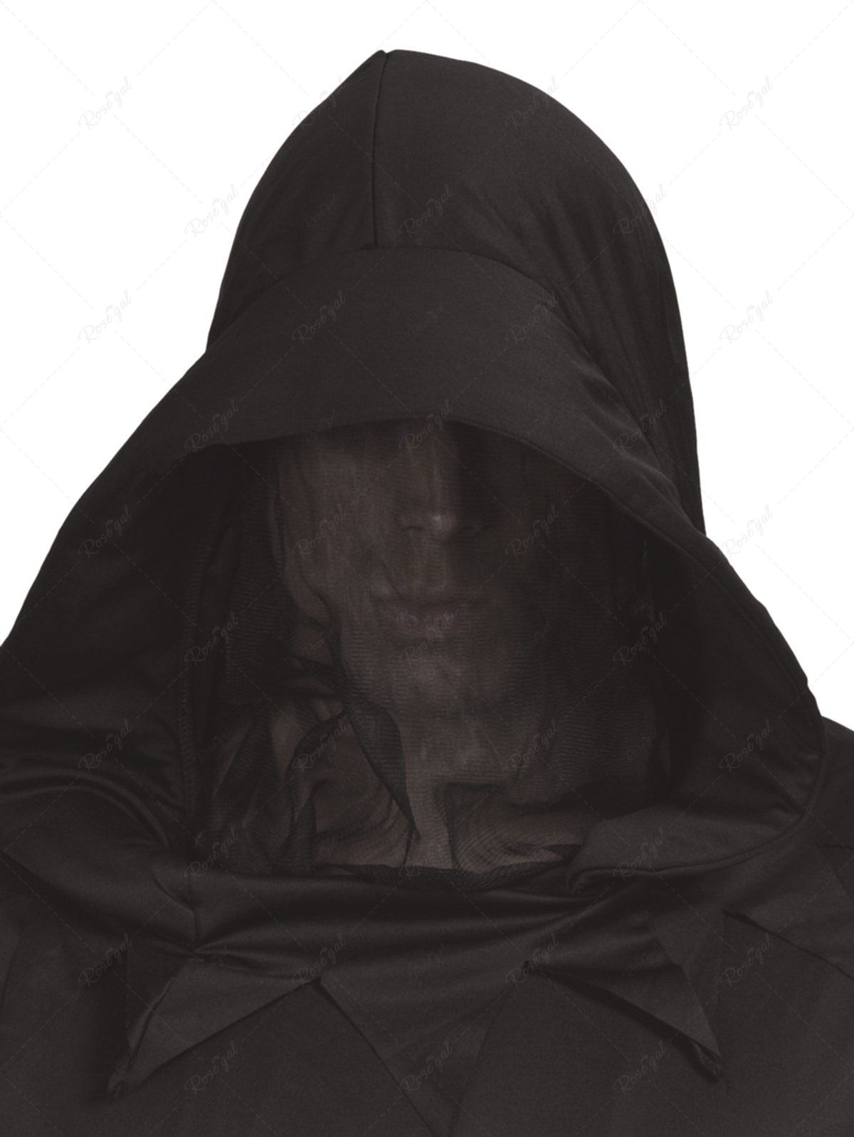 Gothic Halloween Costume Solid Mesh Sheer Mask Cosplay Longline Hooded Coat