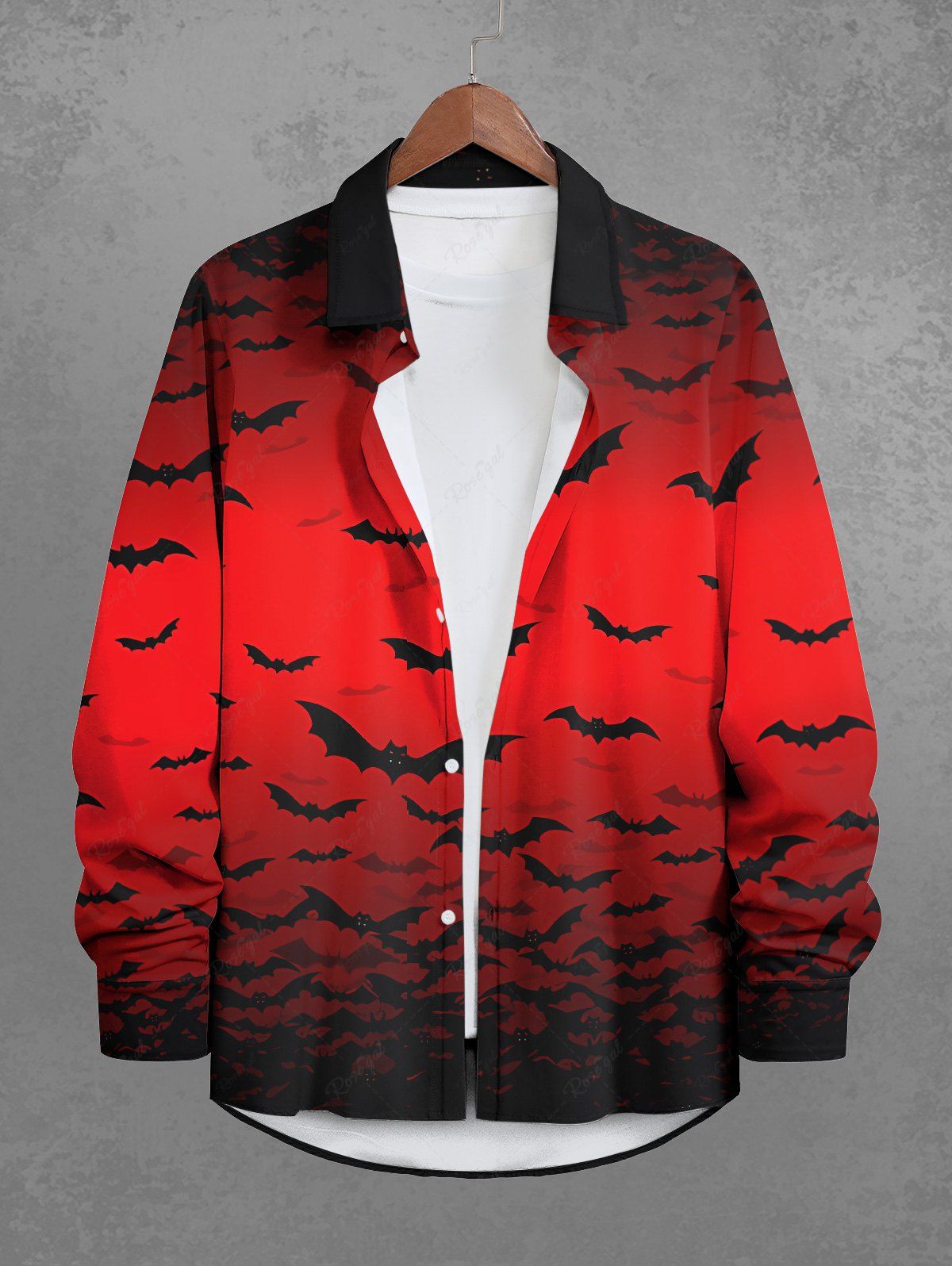 Gothic Plus Size Bat Dip Dye Ombre Print Halloween Button Long Sleeves Shirt For Men