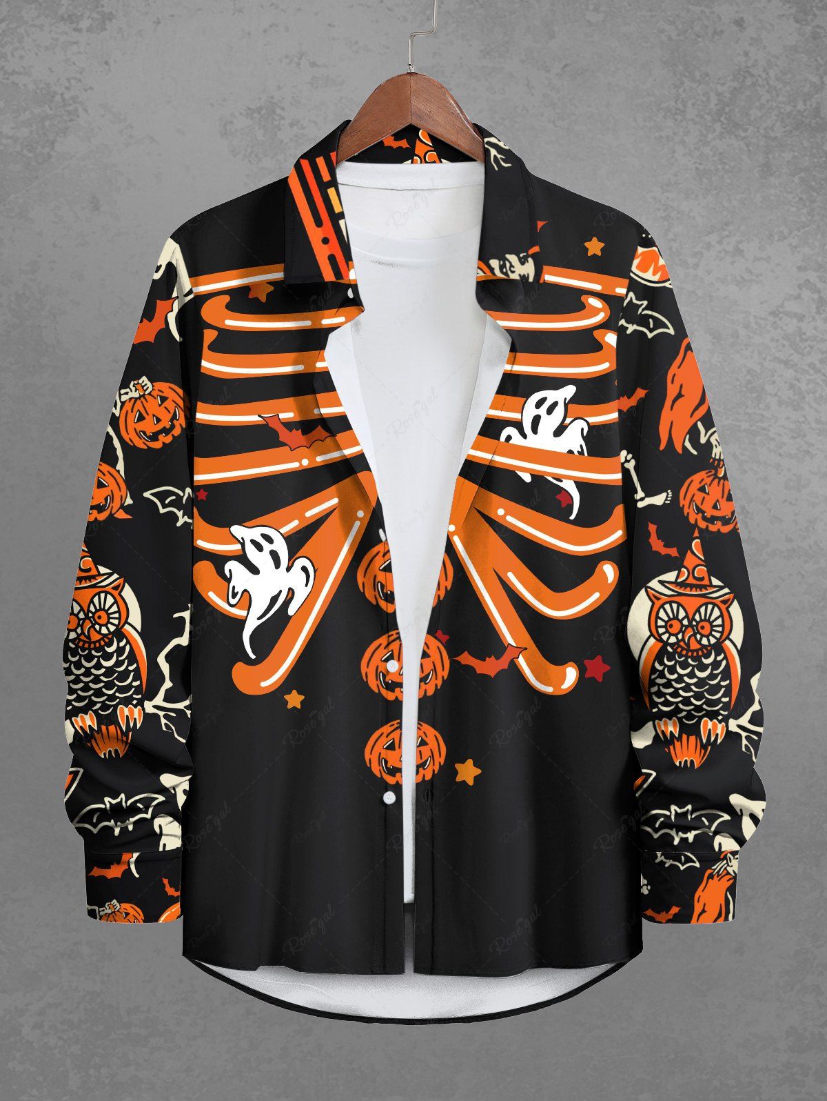 Gothic Plus Size Pumpkin Bat Skeleton Ghost Owl Star Print Halloween Button Long Sleeves Shirt For Men