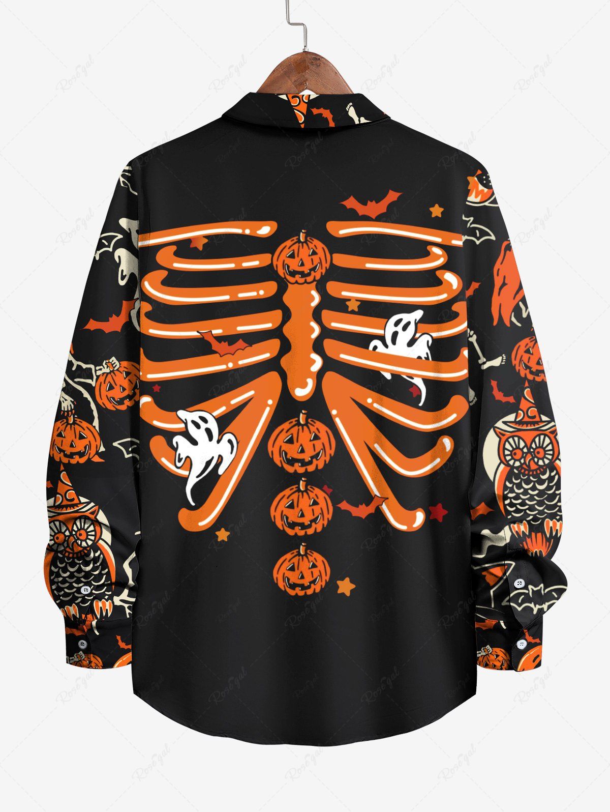 Gothic Plus Size Pumpkin Bat Skeleton Ghost Owl Star Print Halloween Button Long Sleeves Shirt For Men