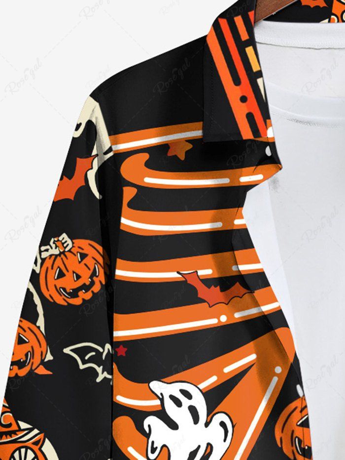 Gothic Plus Size Pumpkin Bat Skeleton Ghost Owl Star Print Halloween Button Long Sleeves Shirt For Men