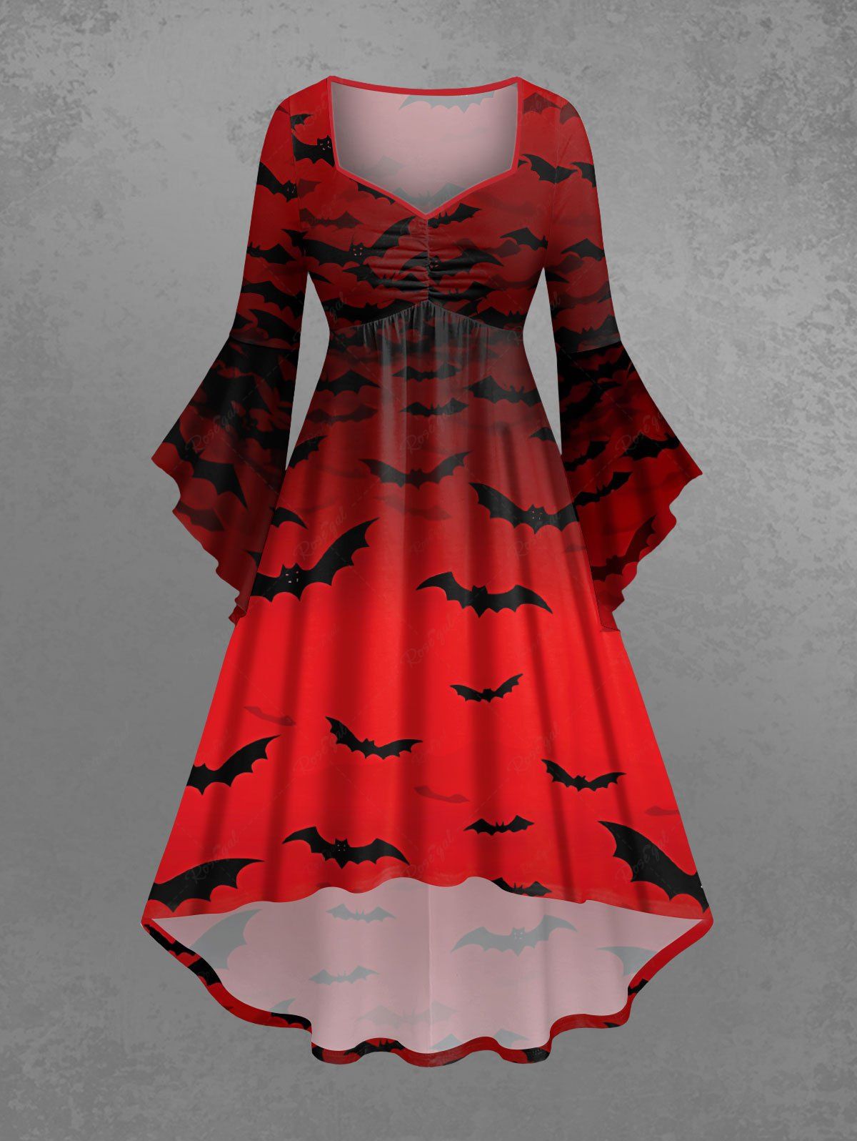 Gothic Plus Size Bat Dip Dye Ombre Print Halloween Costume Ruched High Low Asymmetric Dress