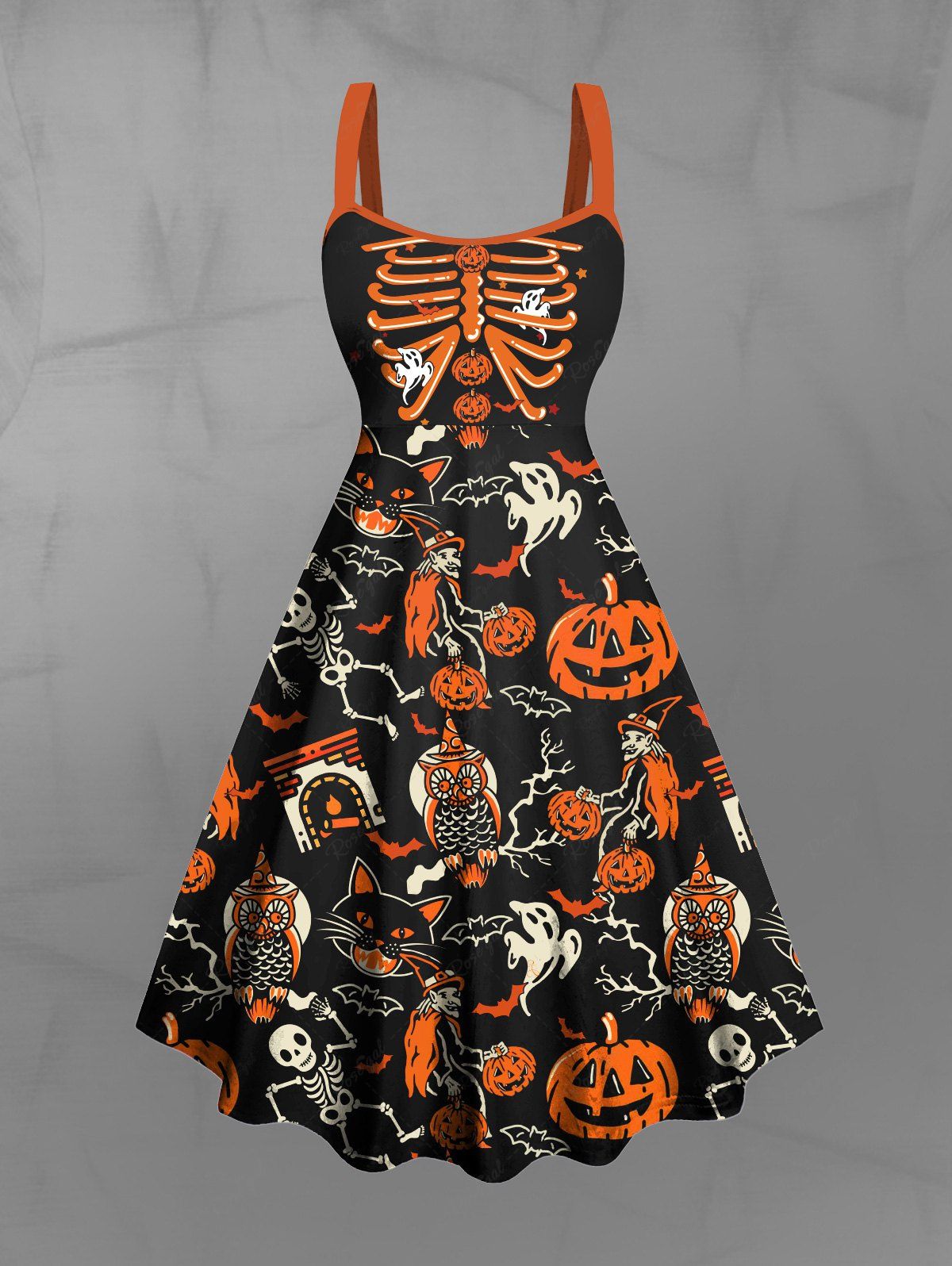 Gothic Plus Size Pumpkin Bat Skeleton Ghost Owl Cat Print Halloween Costume A Line Tank Dress