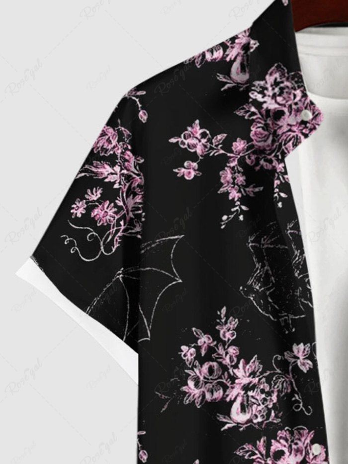 Gothic Plus Size Bat Floral Branch Print Halloween Button Pocket Shirt For Men