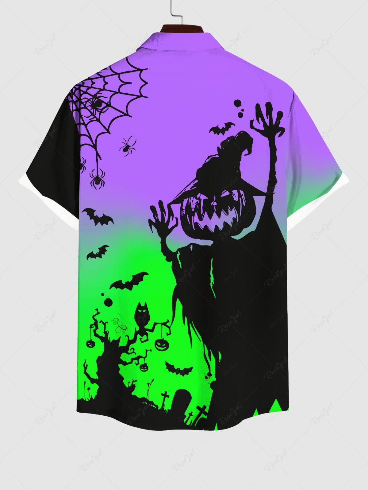 Gothic Plus Size Pumpkin Wizard Tree Owl Bat Spider Web Print Halloween Ombre Button Pocket Shirt For Men