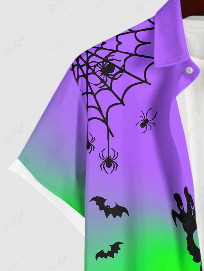 Gothic Plus Size Pumpkin Wizard Tree Owl Bat Spider Web Print Halloween Ombre Button Pocket Shirt For Men