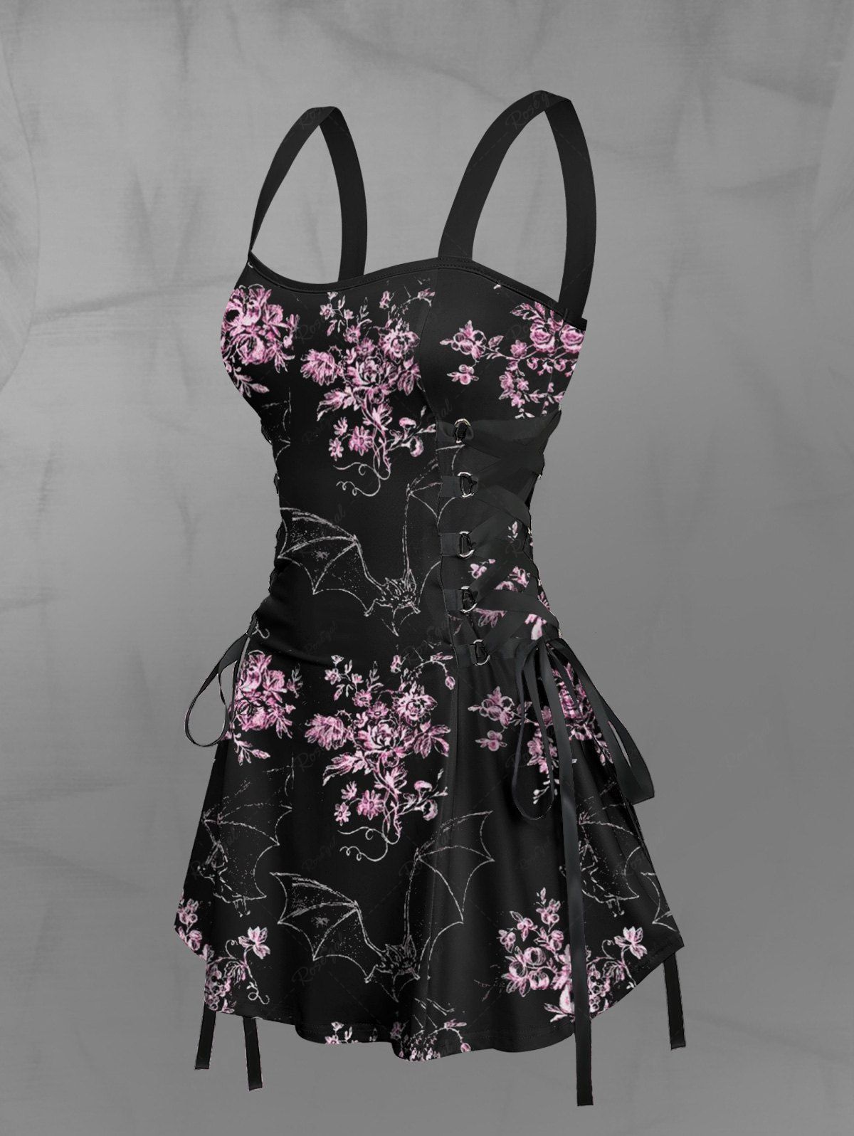 Gothic Bat Floral Branch Print Halloween Costume Lace Up A Line Tank Dress