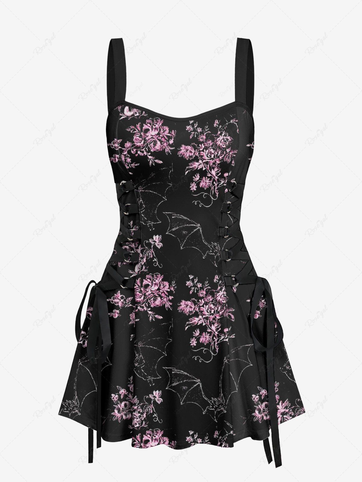 Gothic Bat Floral Branch Print Halloween Costume Lace Up A Line Tank Dress