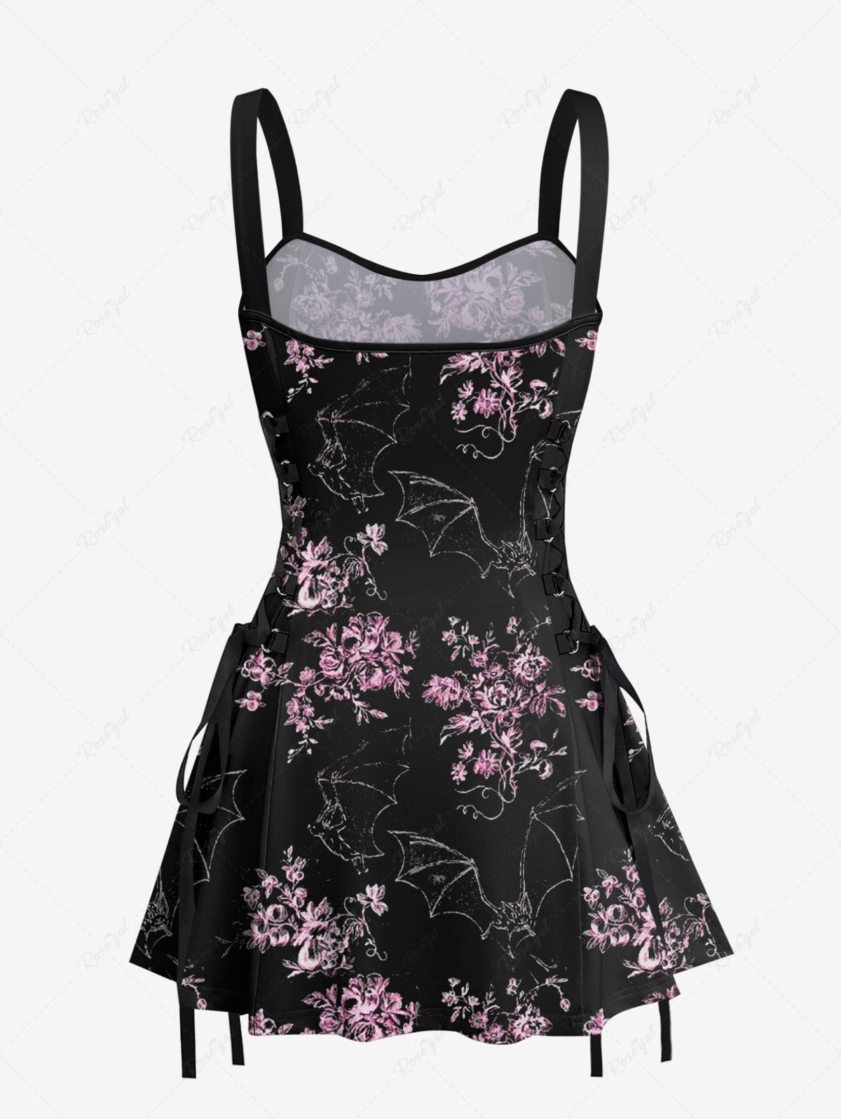 Gothic Bat Floral Branch Print Halloween Costume Lace Up A Line Tank Dress