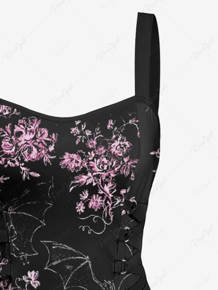 Gothic Bat Floral Branch Print Halloween Costume Lace Up A Line Tank Dress