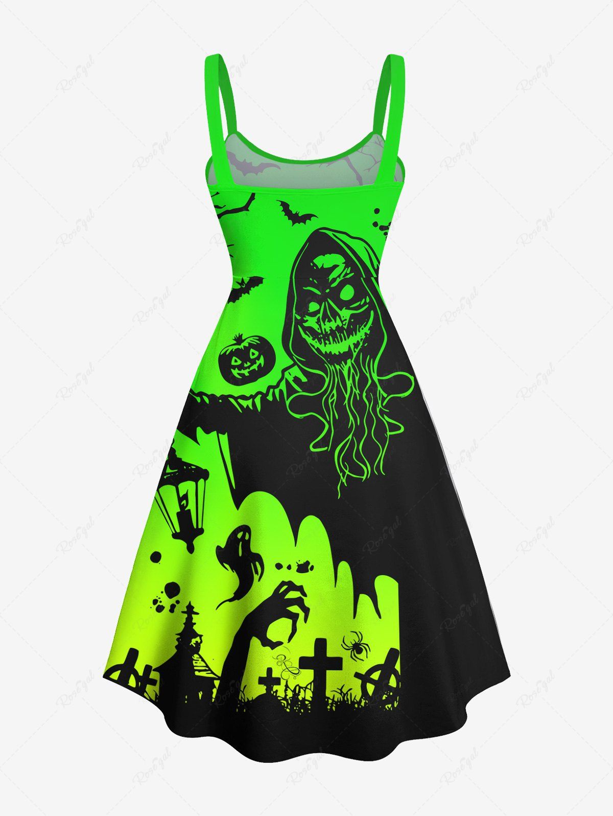 Gothic Plus Size Pumpkin Wizard Ghost Skeleton Hand Cross Bat Tree Branch Print Halloween Costume Ombre A Line Tank Dress