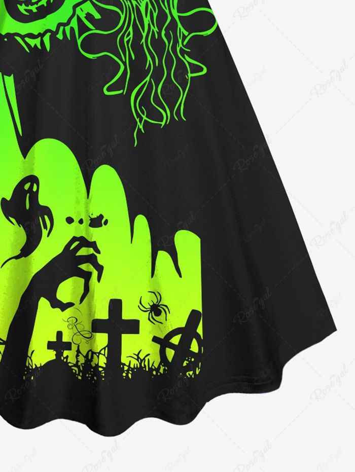 Gothic Plus Size Pumpkin Wizard Ghost Skeleton Hand Cross Bat Tree Branch Print Halloween Costume Ombre A Line Tank Dress