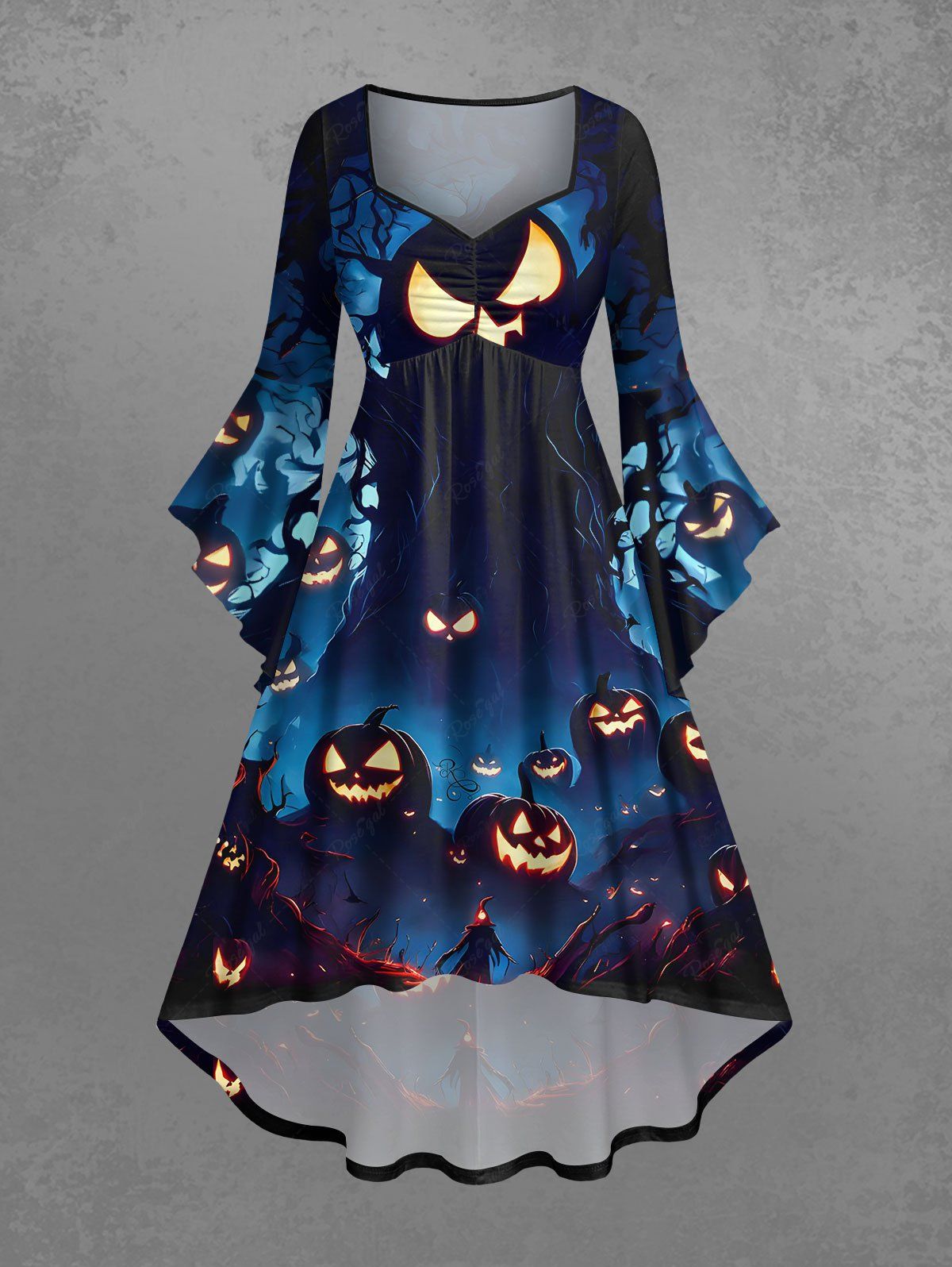 Gothic Plus Size Pumpkin Lantern Ombre Midnight Tree Branch Print Halloween Costume Ruched High Low Asymmetric Dress