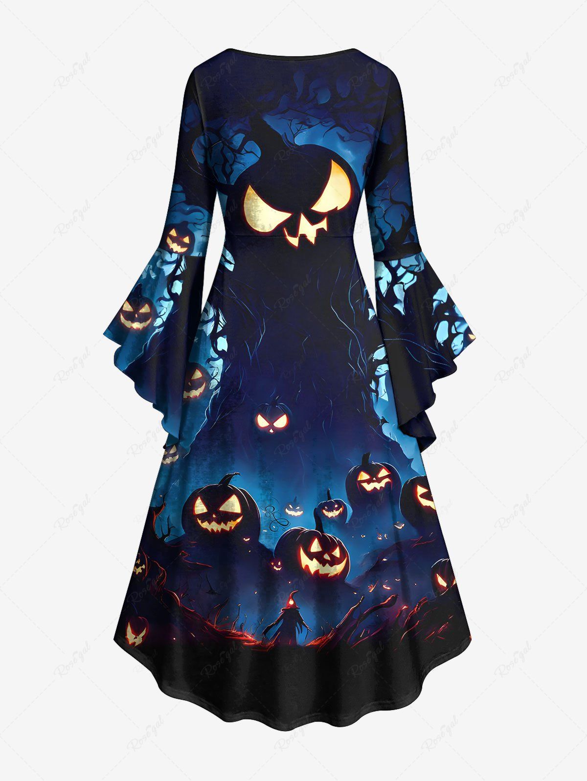 Gothic Plus Size Pumpkin Lantern Ombre Midnight Tree Branch Print Halloween Costume Ruched High Low Asymmetric Dress