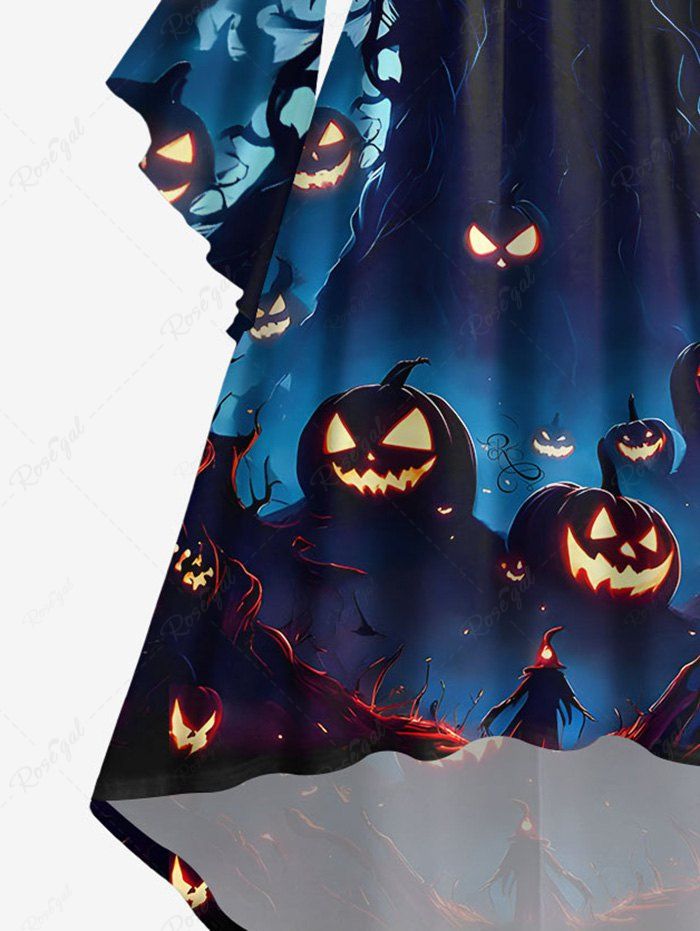 Gothic Plus Size Pumpkin Lantern Ombre Midnight Tree Branch Print Halloween Costume Ruched High Low Asymmetric Dress