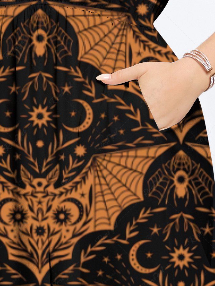 Gothic Plus Size Bat Colorblock Print Halloween Costume Split Pocket A Line Midi Dress