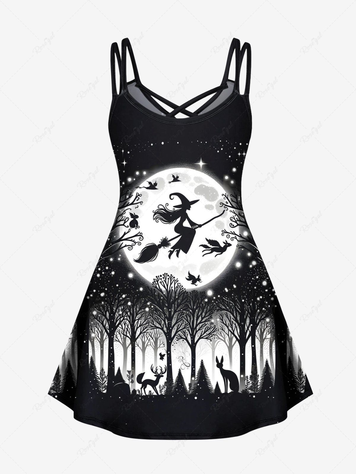 Gothic Plus Size Glitter Star Galaxy Moon Wizard Tree Forest Animal Print Halloween Costume Crisscross A Line Cami Dress