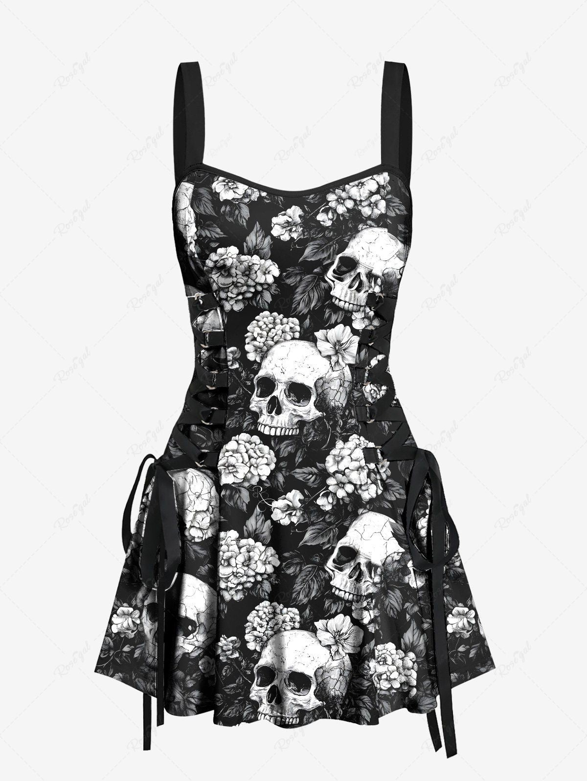 Gothic Skull Flower Leaf Print Halloween Costume Lace Up A Line Tank Dress