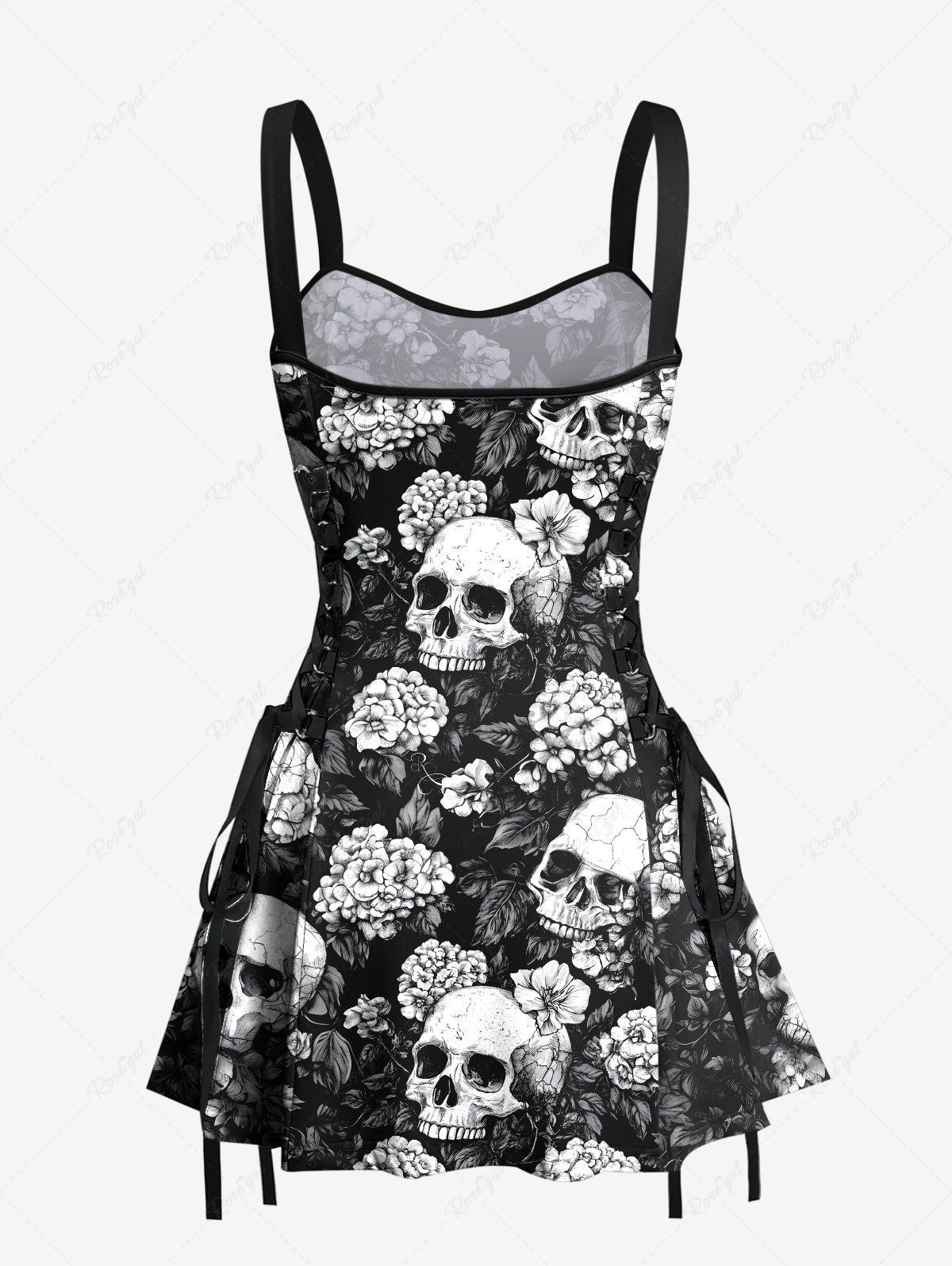 Gothic Skull Flower Leaf Print Halloween Costume Lace Up A Line Tank Dress