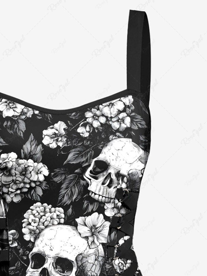 Gothic Skull Flower Leaf Print Halloween Costume Lace Up A Line Tank Dress