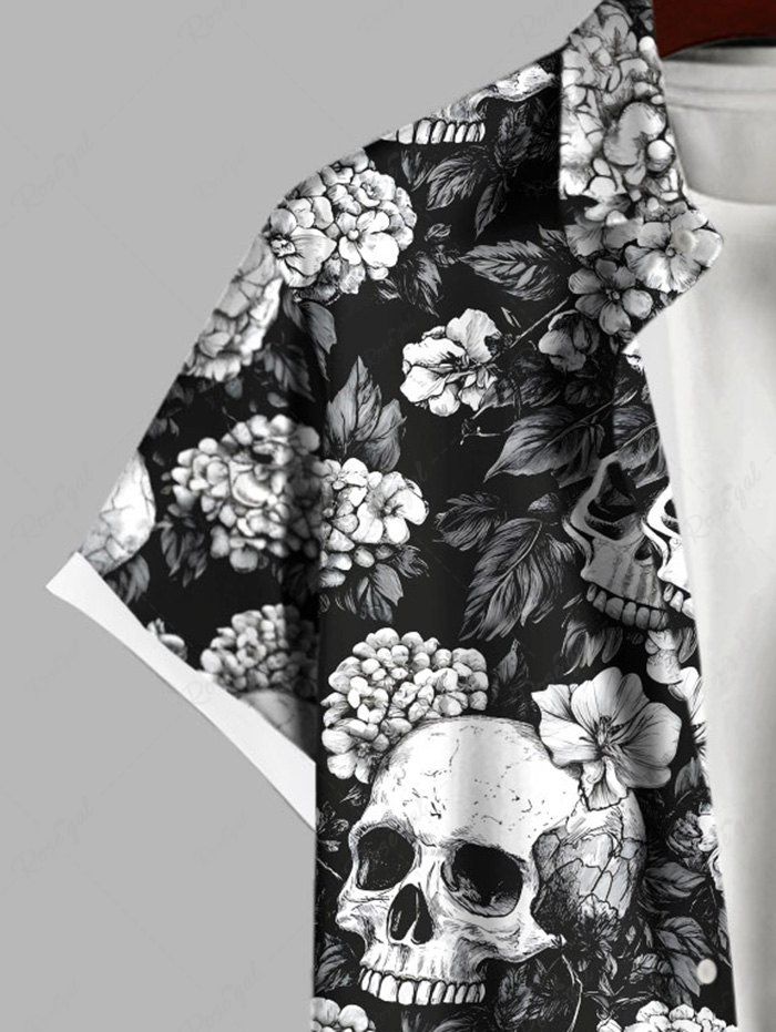 Gothic Plus Size Skulls Flower Leaf Print Halloween Button Pocket Shirt For Men