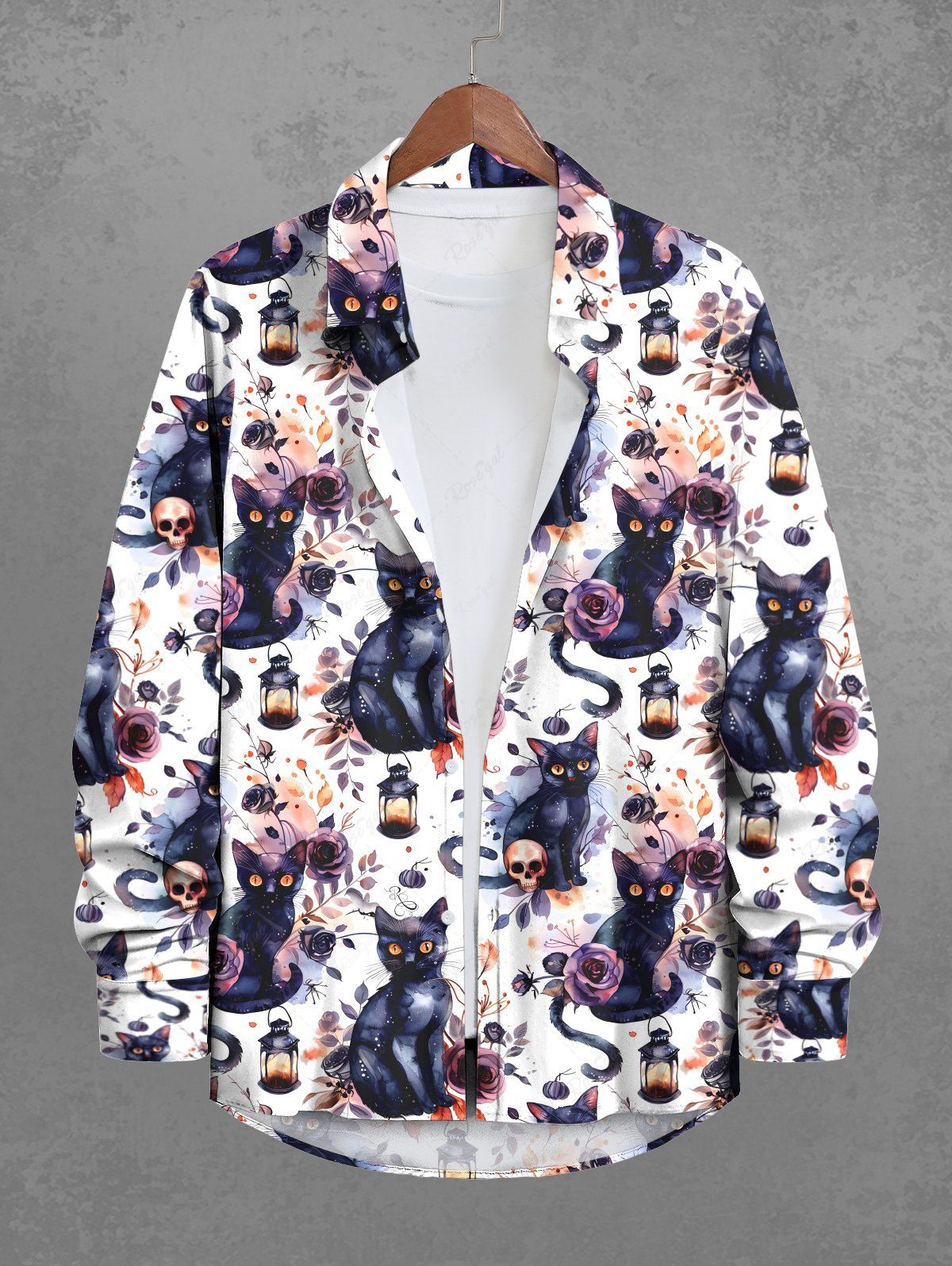 Gothic Cat Skulls Rose Flower Leaf Print Halloween Buttons Shirt For Men