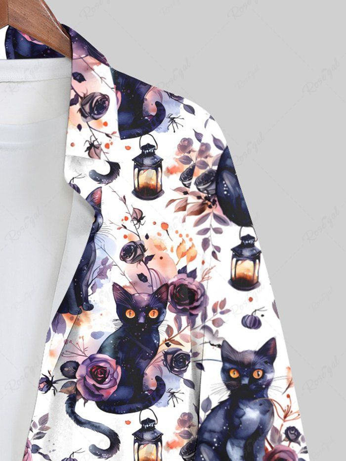 Gothic Cat Skulls Rose Flower Leaf Print Halloween Buttons Shirt For Men